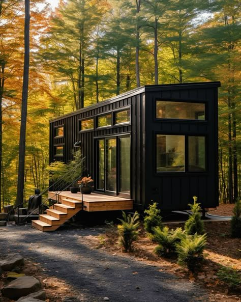 The Art of Designing Tiny Luxury Homes: Photos and Tips Black Tiny Home Exterior, Luxury Tiny Cabin, Cabin Style Tiny House, Scandinavian Interior Small House, Tiny House In The Forest, Midcentury Modern Tiny House, Tiny House Luxury Small Homes, Tiny Vacation Homes, Small Black Cabin