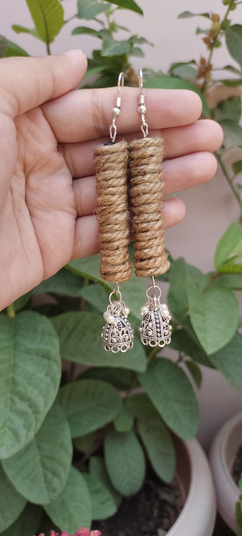 Handmade Jute Earrings, Jute Earring, Jute Jewellery Handmade, Jute Jewellery, Fruit Carvings, Junk Jewellery, Jewelry Sketch, Earrings Fabric, Diy Fabric Jewellery