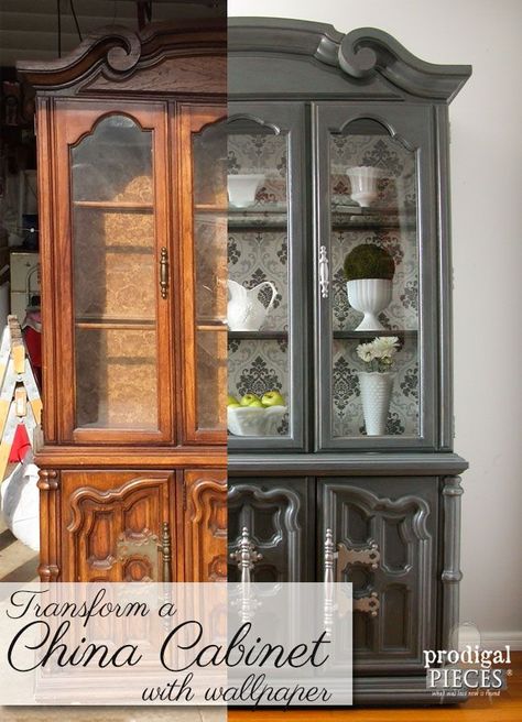 Transform and Outdated China Cabinet with Wallpaper by Prodigal Pieces | www.prodigalpieces.com Black Hutch Makeover, China Cabinet Makeovers, Old China Cabinet, China Cabinet Redo, China Cabinet Makeover, Painted China Cabinets, Redo Cabinets, Hutch Makeover, Buffet Hutch