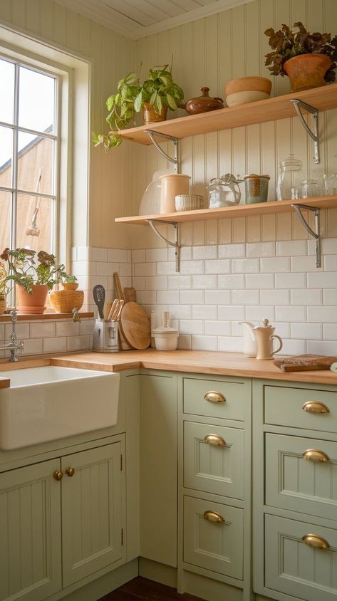 Add warmth and charm to your small cottage kitchen with small cottage renovation ideas that incorporate natural wood finishes and vintage-inspired acc... Small Cottage Renovation, Small Kitchen Cabinet Color Ideas, Cottage Renovation Ideas, Cozy Kitchen Cottage, Cozy Cottage Aesthetic, Small Cottage Kitchen Ideas, Cottage Kitchen Shelves, Rustic Cottage Kitchens, Kitchen Cottagecore