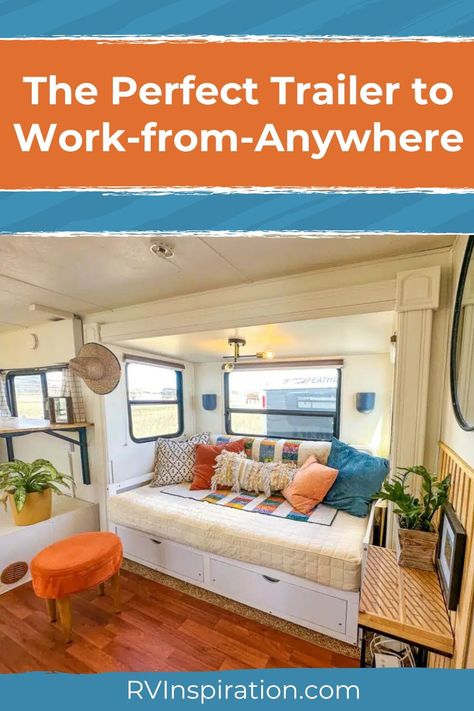 Working from home is still a go-to for many full-time and part-time jobs. So why not turn work-from-home into work-from-anywhere? That's exactly what this couple did when they renovated a 27′ Keystone Trailer. This gorgeous renovation includes multiple desks, a custom day bed, and so much more! Check out this article for more photos of the perfect trailer to work from anywhere! #digitalnomad #rvinspiration #rvdesk Rv Newbies, Rv Couch, Rv Models, Rv Sofas, Rv Inspiration, Rv Furniture, Couch With Storage, Rv Dreams, Camper Organization