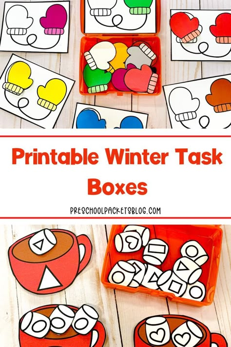 Looking to teach your prek students about shapes and colors? These winter themed task boxes are great to keep on hand for preschool centers! Montessori Activities For Kindergarten, Seasons Centers Preschool, Busy Box For Kindergarten, Winter Morning Tubs Preschool, Winter Theme Math Activities Preschool, Morning Task Boxes Preschool, Christmas Busy Boxes, Winter Themed Centers Preschool, Winter Center Ideas Preschool