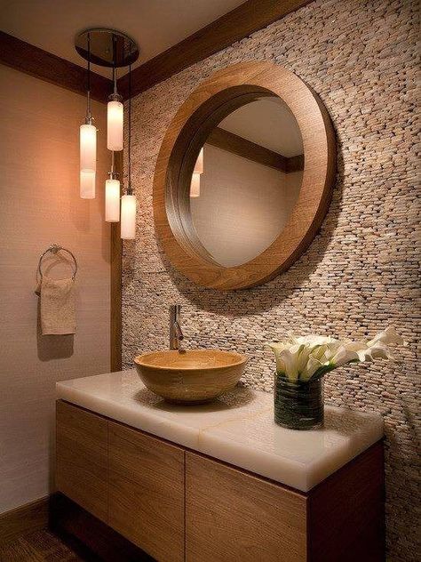 Transitional Powder Room, Contemporary Powder Room, Powder Room Sink, Natural Stone Wall, Washbasin Design, Powder Room Decor, Bad Inspiration, Powder Room Design, Trendy Bathroom