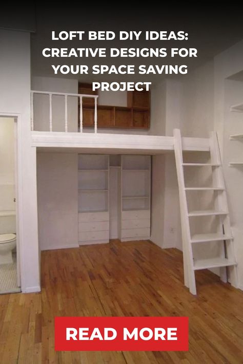 Loft bed with storage space underneath and a ladder on the right, promoting DIY space-saving designs. Privacy Loft Bed, Queen Loft Bed Diy Building Plans, Loft Bed Design Ideas, Closet Under Loft Bed, Dope Beds, Loft Bed Ideas For Adults, Bed Diy Ideas, Loft Bed Diy, Low Loft Beds For Kids