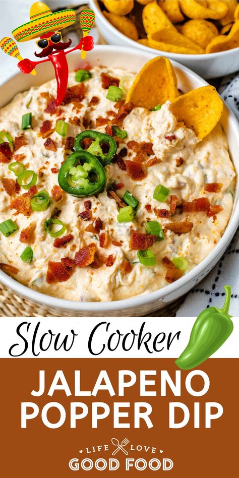 Jalapeño Popper Dip is oh-so-creamy and cheesy, with crispy bacon pieces, and a subtle kick of heat! Make it easily in the slow cooker, then just add chips and serve for the big game! #slowcookingmonth Football Chip Dip, Crockpot Appetizers Dips, Appetizer Dip Recipes Crockpot, Crock Pot Tailgate Food, Easy Crockpot Recipes Dips, Best Crock Pot Dips For Parties, Crock Pot Dips For Parties Appetizers, Sunday Football Food Appetizers Crock Pot, Thanksgiving Dips Crockpot