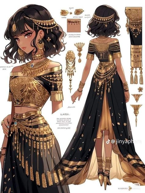 Arabic Clothing Drawing, Egyptian Outfits Women, Egypt Character Design, Egyptian Style Dress, Egyptian Outfit, Egyptian Dress, Egyptian Clothing, Egyptian Princess, Anime Egyptian