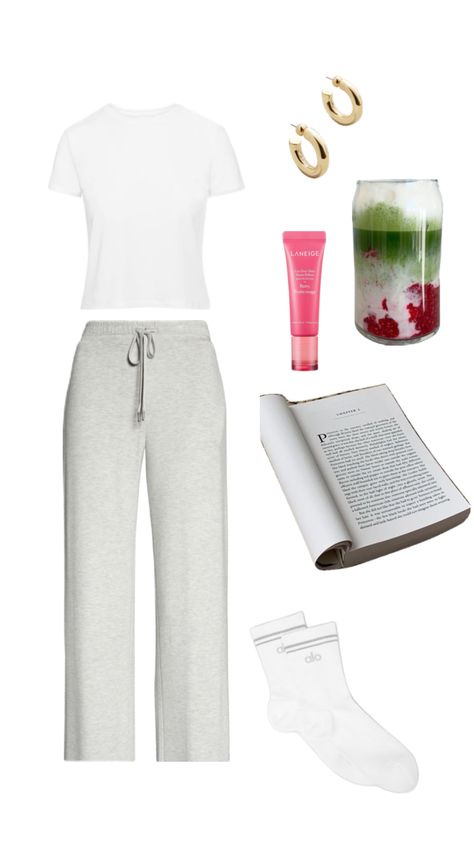 #comfy #comfyfit #outfitinspo #outfit #cozy #home #loungewear #sweatpants #cozyoutfit #books #lazyday #lazydayfit #matcha #beauty #outfitaesthetic #aesthetic #movienight At Home Outfits Cozy, Exam Outfit, Comfy Home Outfits, Stay Home Outfits, Loungewear Sweatpants, At Home Outfits, Comfy Casual Outfits, College Fits, Outfit Layout