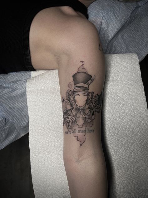 Alice And Mad Hatter Tattoo, Alice In Wonderland Mad Hatter Tattoo, We’re All Mad Here Tattoos, Jabberwocky Tattoo, Were All Mad Here Tattoo, Mad Hatter Tattoo Ideas, We're All Mad Here Tattoo, Hatter Tattoo, Mad Hatter Tattoo