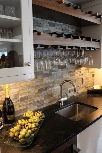 Brick Backsplash Kitchen, Farmhouse Kitchen Backsplash, Wine Rack Design, Built In Wine Rack, Black Kitchen Island, Kitchen Backsplash Designs, Rustic Kitchen Design, Rv Interior, Rustic Kitchen Decor