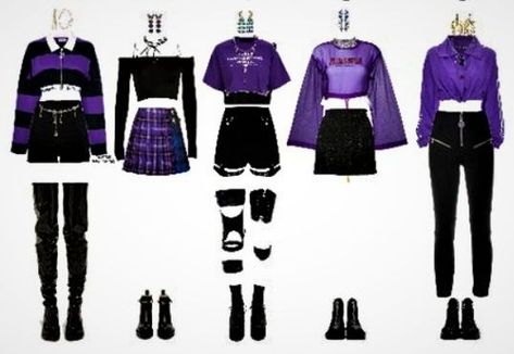 Black And Purple Concert Outfit, Purple Kpop Outfits Stage, Purple Anime Outfits, Stage Outfits Kpop Ideas Cute, Stage Outfits Purple, Idol Clothes Outfit, Kpop Stage Outfits 5 Members, Purple Stage Outfits, Kpop Stage Outfits Ideas 5 Members