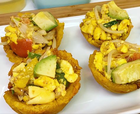 Fried plantain cups served with ackee and salted codfish(aka saltfish)-both recipes available Ackee And Saltfish Recipe, Plantain Cups, Ackee And Saltfish, Jamaican Breakfast, Sweet Chili Sauce Recipe, Fried Plantain, Jamaica Food, Trinidad Recipes, Carribean Food