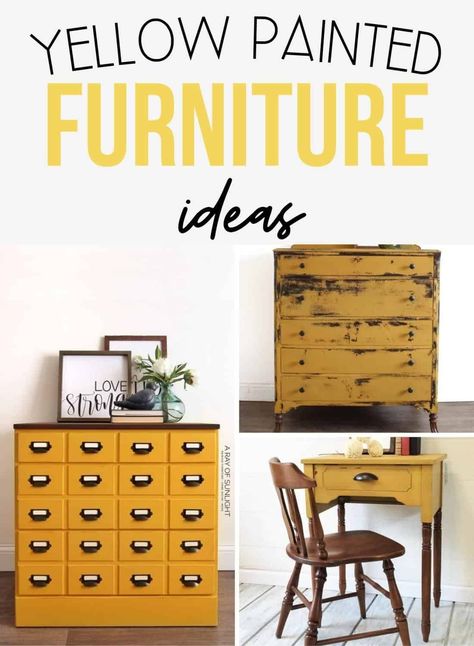 Yellow Painted Furniture, Painted Furniture Ideas, Painted Furniture For Sale, Yellow Cabinets, Yellow Furniture, Painted Side Tables, Painted Bedroom Furniture, Painted Furniture Colors, Painted Desk