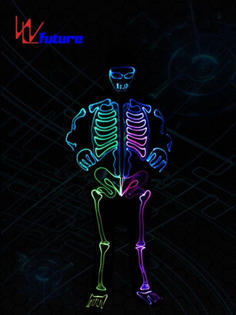 China Glowing skeleton costume,LED light up halloween clothing WL-0146 Manufacturer and Supplier | Future Creative Light Up Skeleton Costume, Neon Skeleton Costume, Skeleton Costume Diy, Glowing Skeleton, Led Light Costume, Engineer Costume, Glow Costume, Led Jacket, Led Gloves