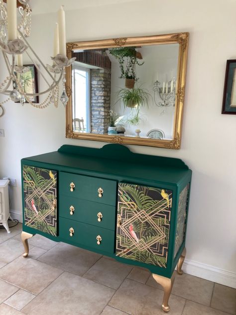 Painted in Frenchic Victory Lane with tropical bird wallpapered panels and doors and gold feet and drawer pulls Sideboard Transformation, Upcycled Sideboard, Redesign Furniture, Sideboard Upcycle, Furniture Remodeling, Custom Painted Furniture, Dining Room Sideboard, Decoupage Furniture, Green Furniture