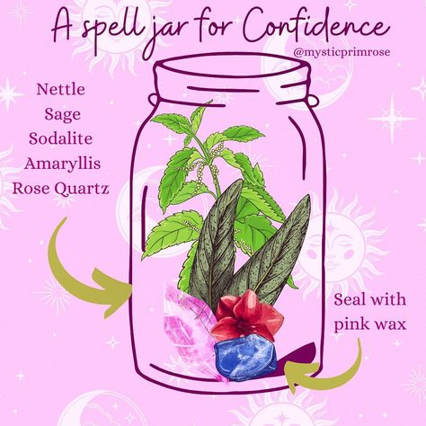 MysticPrimrose | Witchcraft🌿 on Instagram: “A spell jar to help give you confidence ✨🔮 📍Save & like this post so you can find it easily later! 𝘈𝘭𝘭 𝘴𝘢𝘷𝘦𝘴 𝘢𝘯𝘥 𝘴𝘩𝘢𝘳𝘦𝘴 𝘢𝘳𝘦 𝘮𝘶𝘤𝘩…” Druid Craft, Witches Jar, Spells For Beginners, Jar Spells, Magick Symbols, Zodiac Elements, Wiccan Magic, Cheer Party, Spell Jar