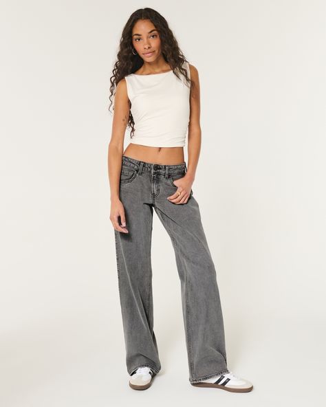 Women's Low-Rise Washed Black Baggy Jeans | Women's Bottoms | HollisterCo.com Low Waisted Baggy Jeans, Grey Baggy Jeans, Black Baggy Jeans, Low Rise Baggy Jeans, Low Waist Jeans, Comfortable Jeans, Women's Bottoms, Hollister Jeans, Grey Jeans