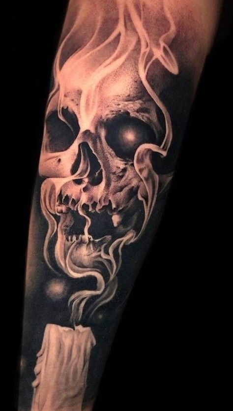 Male Skull Tattoo, Demon Sleeve Tattoo For Men, Big Skull Tattoo Designs, Soft Skull Tattoo, Skull With Candle Tattoo, Tattoo Ideas For Men Skull, Skull Arm Tattoo Men, Evil Tattoos For Men, Skull Forearm Tattoo Men