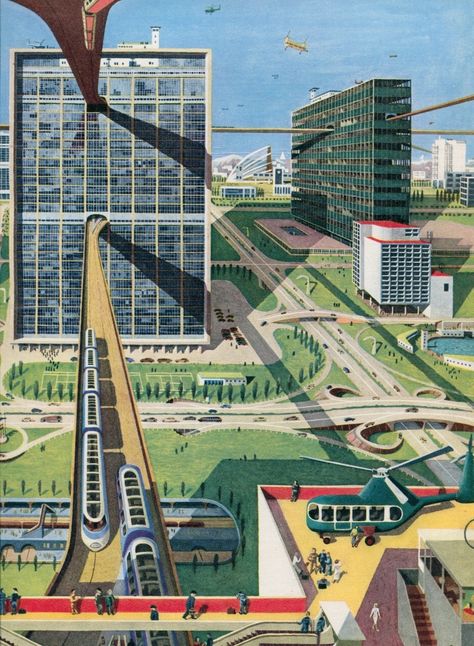 City of the Future.. 1954, illustration by Kempster & Evans Vintage Futurism, Train Illustration, Futurism Art, Swimming Classes, Tall Buildings, Sci Fi Series, Futuristic City, Future City, Science Fiction Art