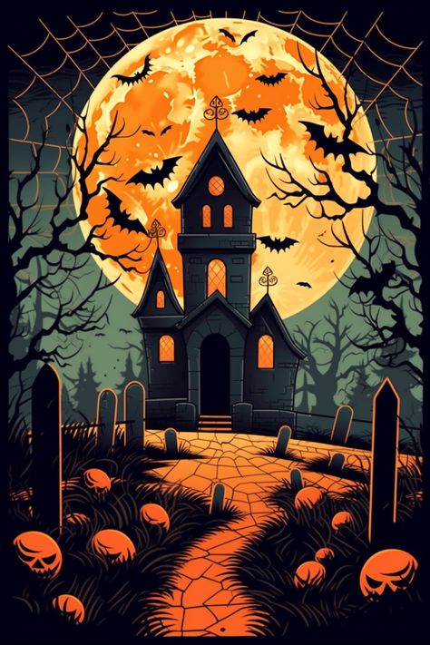 Halloween Phone Wallpaper, Spooky Houses, Halloween Canvas Art, Happy Halloween Pictures, Illustrator Design Tutorial, Spooky House, Spooky Gifts, Halloween Artwork, Halloween Illustration