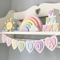 Pastel Rainbow Room, Pastel Nursery Decor, Nursery Pastel, Name Garland, Rainbow Bedroom, Wooden Bunting, Name Bunting, Classic Nursery, Personalised Bunting