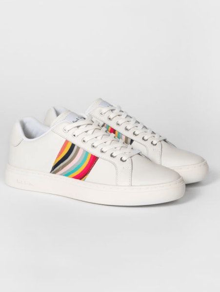 **Paul Smith LAPIN Swirl Trainers** 
Shop all Paul Smith here .
Made from smooth leather uppers, these white 'Lapin' trainers feature a colourful 'Swirl' stripe on each side of the shoe. Finished with rubber cupsoles and gold-foil Paul Smith signature at the heel.