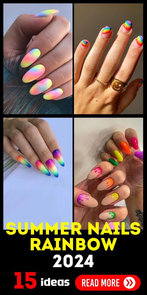 If you're looking for summer nail inspiration, the rainbow nails trend for 2024 has you covered. With a mix of pastel and neon shades, you can create playful and bright designs that are perfect for the season. Try out short acrylic nails with ombre or cat eye effects to make your nails stand out. Summer Nails Rainbow, Nails With Ombre, Square Acrylics, Vibrant Summer Nails, Nails Rainbow, Summer Gel Nails, Nails Trend, Short Acrylics, Eye Nails