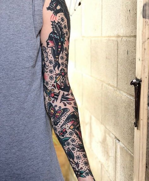 American Traditional Filler Ideas, American Traditional Sleeve Filler, Sleeve Filler Ideas Men, Filler Traditional Tattoo, American Traditional Tattoo Sleeve, Traditional Tattoo Sleeve Filler, Traditional Tattoo Arm, Traditional Tattoo Filler, Old School Tattoo Sleeve