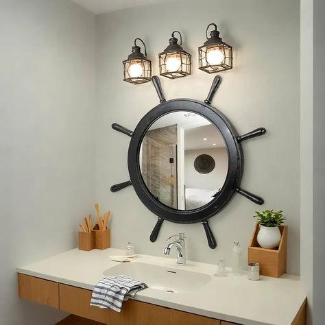 Amazon.com: Nagina International 24" Large Matte Black Vintage Ship's Wheel Mirror | Nautical Pirate Home & Wall Decor : Home & Kitchen Boat Bathroom Decor, Nautical Oars Decor, Bathroom Nautical Theme, Lakeside Cottage Decor, Nautical Themed Office, Nautical Room Aesthetic, Pirate Bathroom Ideas, Nautical Office Design, Lake House Bathroom Decor