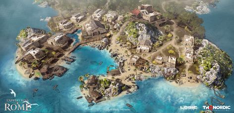 ArtStation - Expeditions: Rome - Fishing Village Level Concept, Gokhan Kahraman Fishing Village Concept Art, Village Concept Art, Fishing Villages, Ancient Greece, Train Station, Art Director, Landscape Art, Art Inspo, Rome