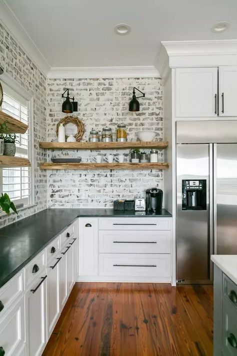 Home Kitchen Remodel, Brick Backsplash Kitchen, Farmhouse Kitchen Backsplash, Brick Kitchen, Brick Backsplash, Kitchen Backsplash Designs, Downtown Charleston, Kitchen Remodel Inspiration, Farmhouse Kitchen Design