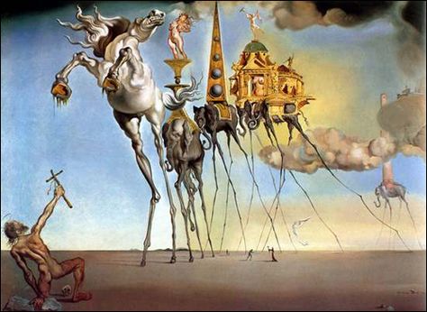 The Temptation of St Anthony by Salvador Dali  I love the spindly legs on the animals in this painting.  One of my favorite Dali's. Dali Prints, Salvador Dali Paintings, Temptation Of St Anthony, Salvador Dali Art, Illusion Paintings, Dali Paintings, Dali Art, Istoria Artei, Images D'art