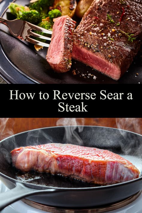 Once you cook a steak using the reverse sear method, you may never want to cook a steak any other way! To reverse sear a steak, you bake it in the oven first, then pan-sear it in a heavy cast iron skillet. We love this technique because it gives you more control over the steak’s internal temperature. Plus, you get a super tender steak with a perfectly cooked steak browned crust. Sear A Steak, How To Reheat Steak, Sear Steak, Reverse Sear Steak, Steak Temperature, Expensive Steak, Steak In Oven, Steak Sandwiches, Leftover Steak