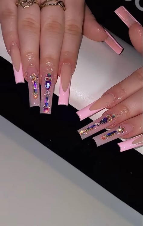 Pink French Tip Coffin Nails, Nails And Gems, Pink French Tip Coffin, French Tip Coffin Nails, Event Nails, French Tip Coffin, Gem Nail Designs, Nails Painting, Pink French Tip