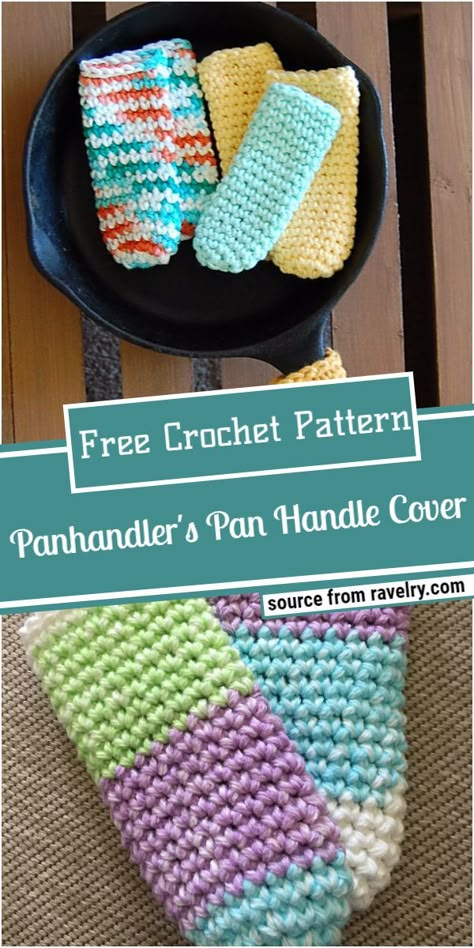 Panhandler's Crochet Pan Handle Cover Pattern Crochet Pot Handle Cover Pattern, Crochet Pan Handle Cover, Crochet Pan Handle Cover Patterns Free, Crochet Cast Iron Handle Cover, Pot Holders Diy Free Pattern Crochet, Pot Handle Covers Free Pattern, Crochet For The Home Free Patterns, Crochet Kitchen Decor, Crocheted Hot Pads Free Pattern