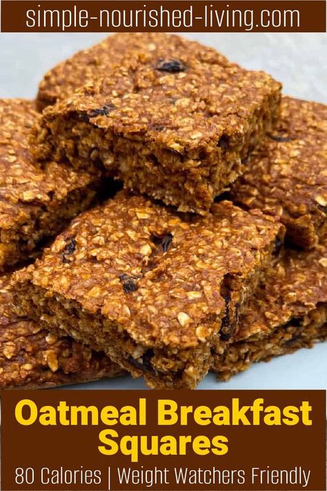 Easy Breakfast Oatmeal Squares - WW (Weight Watchers) Easy Breakfast Oatmeal, Breakfast Squares, Weight Watchers Pumpkin, Oatmeal Squares, Breakfast Bars Recipe, No Bake Oatmeal Bars, Oatmeal Breakfast Bars, Breakfast Oatmeal, Baked Oatmeal Recipes