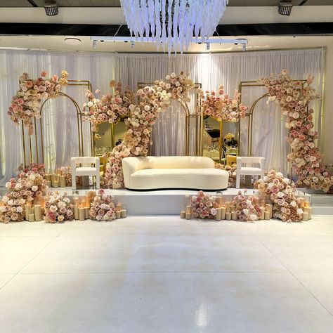 We loved bringing to life this stunning statement wedding stage with elegant luxe details for our bride Arij. Styling, decor, flowers and set up by @museweddingsandevents Candles by @rosewood.candles Venue @lantana.venues Aesthetic Wedding Stage Decor, Bride Stage Decoration, Stage Set Up, Wedding Stage Decorations Elegant, Indian Wedding Stage, Wedding Stages, Bride Groom Table, Backyard Wedding Decorations, Marriage Design