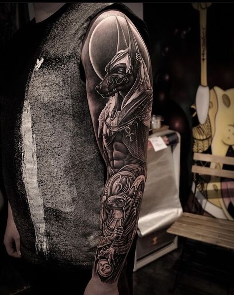 Anubis Tattoo With Scale, Anubis Tattoo Sleeve Arm, Egyptian Tattoo Sleeve Men Arm, Ancient Egypt Tattoo Sleeve, Anubis Sleeve Tattoo, Amun Ra Tattoo, Anubis Tattoo Men Ideas, Egyptian Sleeve Tattoo, Egyptian Mythology Tattoo