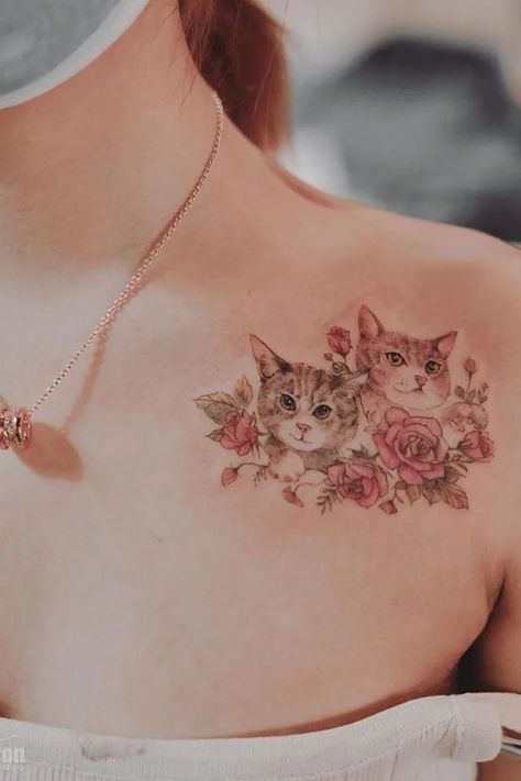 Cat Tattoos Cat Lover Tattoo, Kitten Tattoo, Cat Tattoo Simple, Rabbit Tattoos, Cat Tattoos, Cat Tattoo Designs, 2 Cats, Collar Bone Tattoo, Tattoo Placement