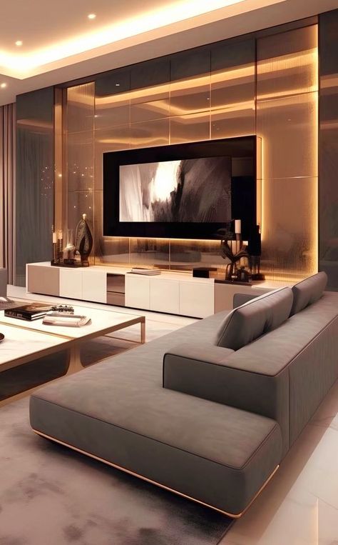 Modern Villa Interior Design Living Rooms, Ruang Tv, Sofa Design Ideas, Desain Pantry, Interior Design Per La Casa, Tv Units, Living Room Tv Wall, Home Design Living Room, Design Room