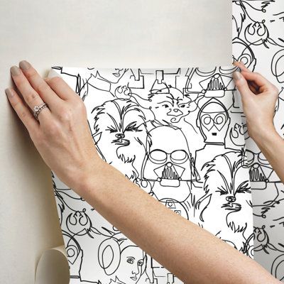 The Force is extremely strong with this Peel and Stick Wallpaper from RoomMates. Officially-licensed by Disney, this Star Wars design features iconic characters Princess Leia, Master Yoda, Darth Vader, Chewbacca, R2D2 and C3PO in a line-drawing illustration. No Jedi powers required for installation, just peel, stick, done. This print comes in 2 colorways: black ink on white peel and stick paper, and metallic silver ink on black peel and stick paper. Color: Black | Room Mates 18' L x 20.5" W Peel Vogue Sketches, Line Sketches, Jedi Powers, Room Mates, Star Wars Bedroom, Star Wars Nursery, Roommate Decor, Star Wars Room, Dorm Furniture