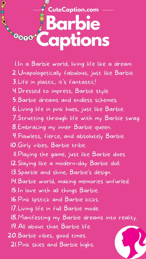 Barbie Captions For Instagram Captions For Barbie Look, Barbie Doll Quotes, Barbie Things Aesthetic, Barbie Bio Instagram, Barbie Instagram Posts, Barbie Funny Quotes, Quotes About Barbie, Ken Quotes Barbie, Pink Colour Captions