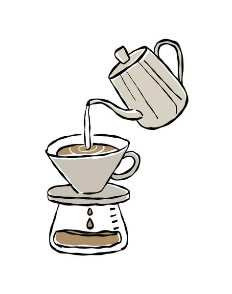 vector line drawn kettle pouring hot water on coffee grinded to making drip coffee Coffee Being Poured, Hand Drip Coffee, Pouring Coffee, Coffee Cartoon, Coffee Drip, Coffee Drawing, Vector Line, Logo Redesign, Coffee Logo