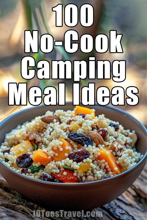 Sometimes you don't want to build a fire, or pack along a camp stove, but you still need some ideas as to what to make to eat when you are camping. These easy no-cook camping meal ideas are the perfect thing for when you are camping and don't want to cook. No Cook Camp Food, Easy Camping Meals No Fire, Things To Cook Over A Fire Pit, Eco Camping Ideas, Camping Meal No Refrigeration, No Mess Camping Meals, Meal Ideas For Camping Easy Recipes, Easy No Cook Camping Meals, No Heat Camping Meals