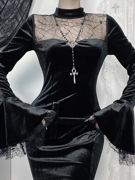 See-through lace, Lace patchwork sleeves, Material: Polyester spandex Color: Black Size: S, M, L Unit: CM Sleeve Bust Waist Length S 20 68-88 60-70 60 M 20.7 72-92 64-74 62 L 21.6 76-98 70-80 64 * 1cm ≈ 0.3937 inchNote: There may be 2-3cm error due to manual measurement. If you need size help, please drop us a message. Patchwork Sleeves, Addams Dress, White Cropped Cardigan, Velvet Patchwork, Techno Fashion, Elegant Halloween, Velvet Maxi Dress, Dress Women Elegant, Goth Dress