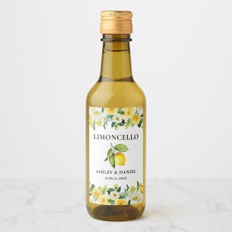 Floral Lemon Limoncello Wedding Mini Bottle Label  Zazzle Limoncello Wedding, Lemonade Bottle, Beverage Label, Mini Bottle, Food And Beverage, Mini Bottles, Bottle Labels, Hot Sauce Bottles, Rosé Wine Bottle