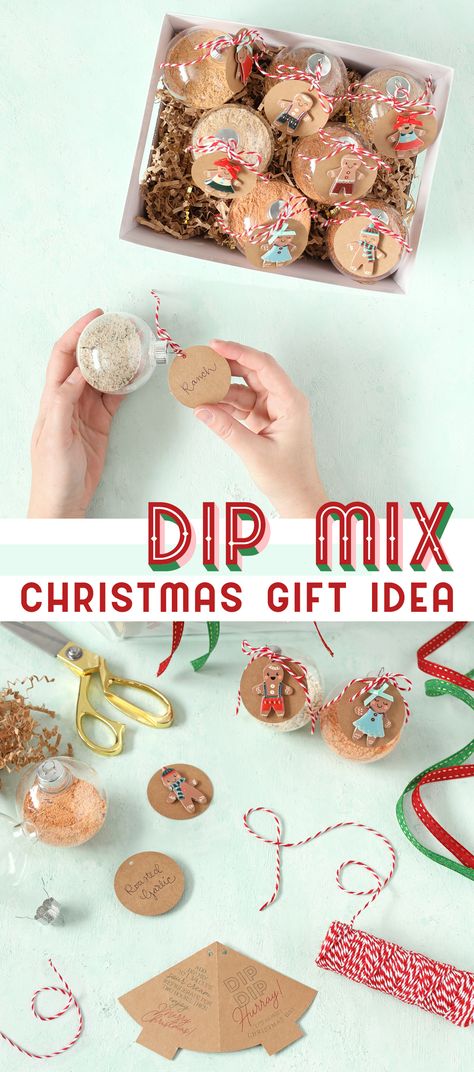 Creative Christmas gift idea. Fill clear ornaments with dip mix that you add to sour cream. It's creative and festive AND not sweet. Plus they can use it later in January. The tag says, "Dip Dip Hurray! It's Almost Christmas Day!" Free printable tag. Christmas gift ideas Fill Your Own Christmas Ornaments, Christmas Dip Mix Gifts, Diy Dip Mixes Recipes Gifts, Dip Mixes In Ornaments, Ornament Dip Mix Gifts, Cookie Plate Gift Packaging Ideas, Dip Mix Ornaments Recipes, Fillable Ornament Ideas Gifts, Dry Dip Mixes For Gifts Recipes