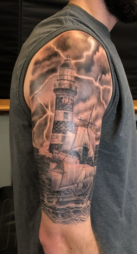 Boat Arm Tattoo, Ship Half Sleeve Tattoo, Lighthouse And Waves Tattoo, Lighthouse Tattoos Men, Nortical Tattoo Sleeve, Mens Ship Tattoo, Lighthouse Tattoo For Women Half Sleeves, Upper Half Sleeve Tattoos For Men, Lighthouse Ship Tattoo