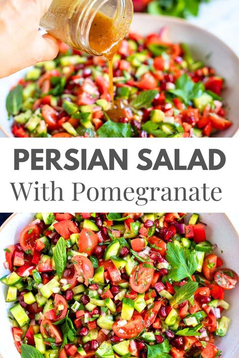 Looking for a refreshing and vibrant salad? This Persian salad, inspired by Salad Shirazi, is packed with fresh herbs, cucumbers, tomatoes, sweet peppers, and juicy pomegranate seeds. Tossed with fresh herbs and in a tangy pomegranate dressing, it's a must-try! 🥗💫 Pin now, enjoy later! via @irena_macri Salad Shirazi, Pomegranate Seeds Recipe, Persian Salad, Vibrant Salad, Pomegranate Dressing, Salad With Pomegranate, Pomegranate Recipes, Sweet Potato Kale, Classic Salad