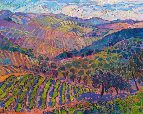 Landscape painting of the rolling vineyards of Paso Robles Vineyard Painting, California Hills, Vineyard Art, Erin Hanson, Wine Country California, Impressionism Art, Paintings & Prints, Texture Painting, Contemporary Paintings