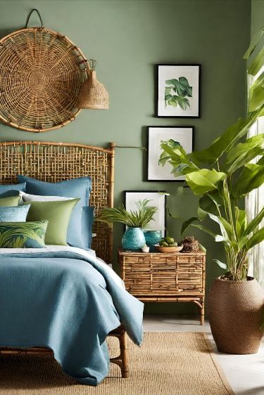 Caribbean Bedroom Decor, Blue Tropical Bedroom, Green And Blue Interior Design, Green And Blue Bedroom Ideas, Tropical Boho Bedroom, Hawaiian Bedroom Ideas, Blue And Green Bedroom Ideas, Tropical Bedroom Design, Green And Blue Bedroom